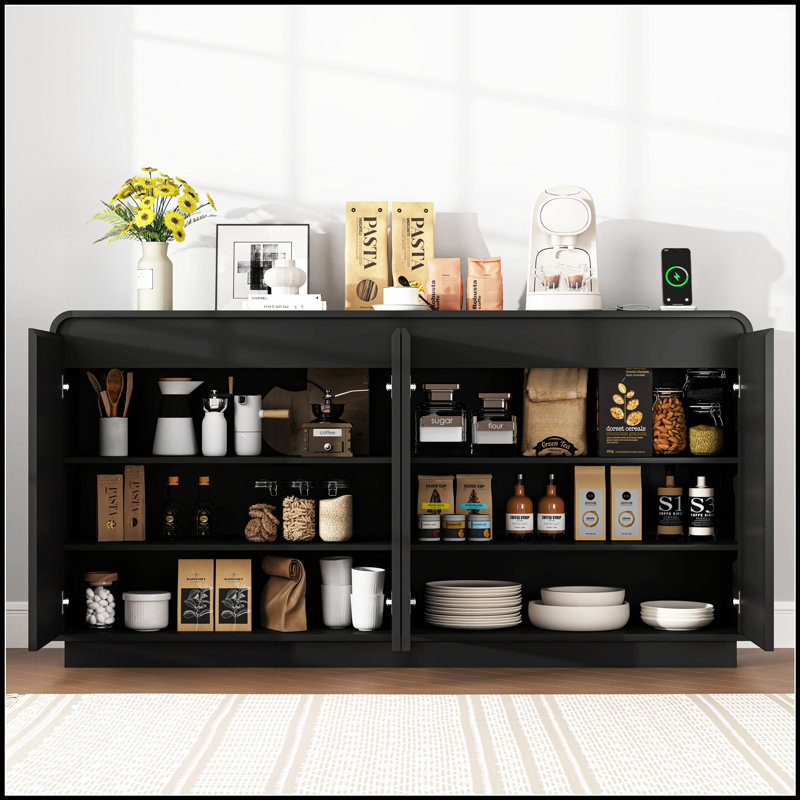 4-Door Fluted TV Stand With Power Outlet, Handleless Wave Design Entertainment Center, Adjustable 3-Tier Storage Cabinet