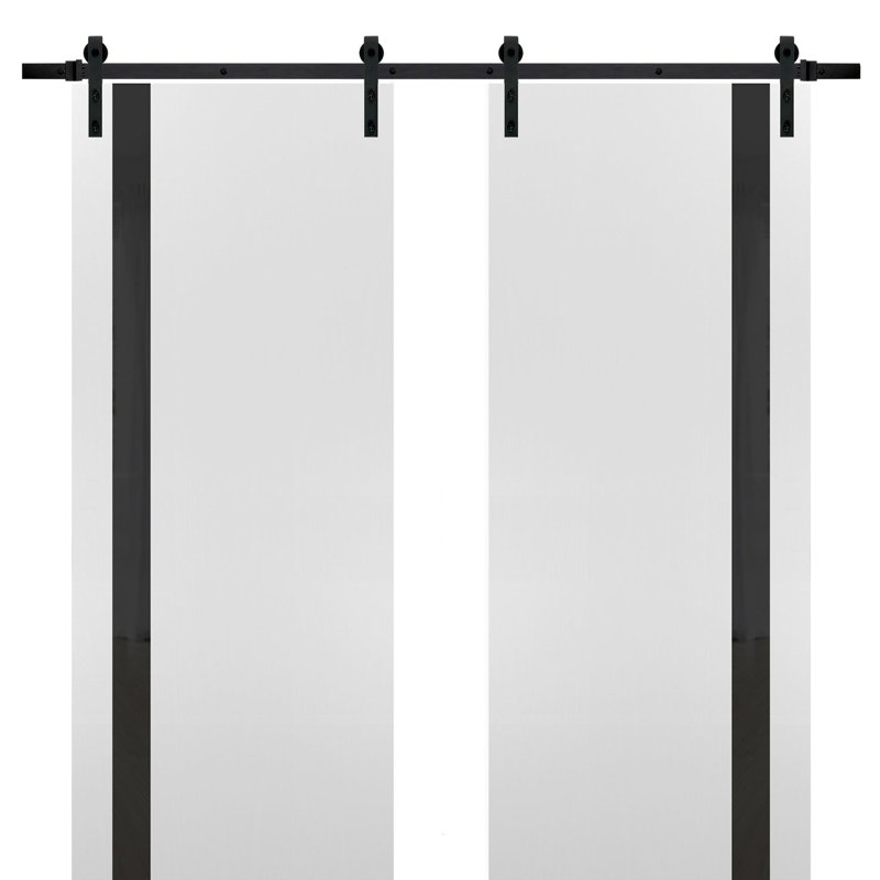 Porte de grange double robuste avec | Planum 0040 soie blanche avec verre noir | Ensemble de 13 cintres lourds pour rail | Portes intérieures à panneau plein - 84 po x 80 po (2 * 42 x 80) - Rail noir