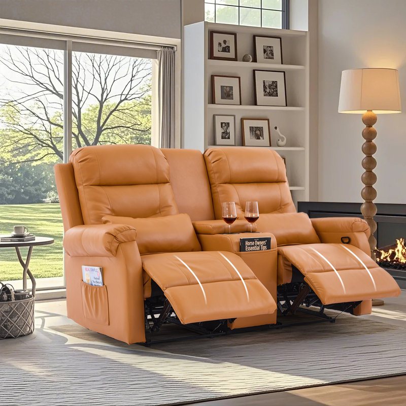 Canapé-lit inclinable manuel 65,7 po avec console de rangement et porte-gobelets, Orange
