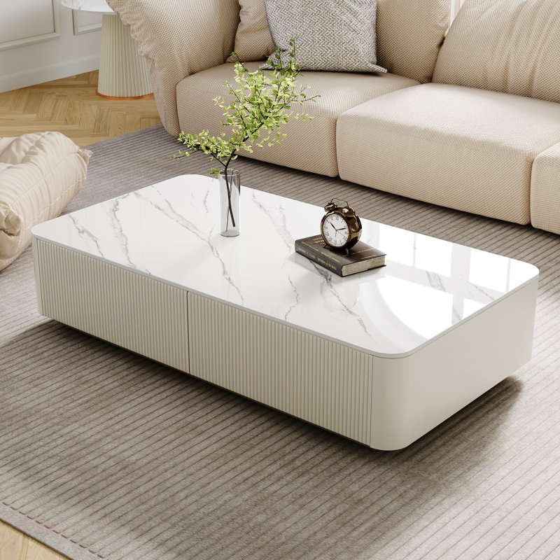 51.19'' Modern Rectangular Coffee Table With Faux Marble Top, 4 Large Drawers And Gold Stainless Steel Base, White
