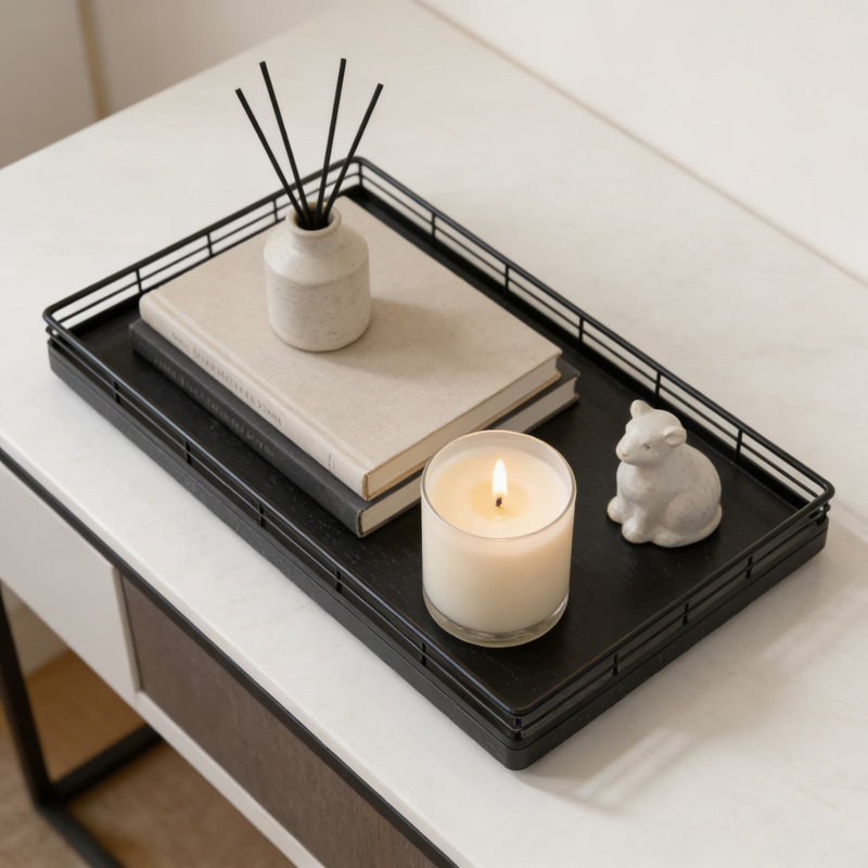 Plateau de meuble-lavabo en bois avec rebords en filet de fer, organisateur de comptoir de salle de bain pour commode, cuisine, café et décoration intérieure