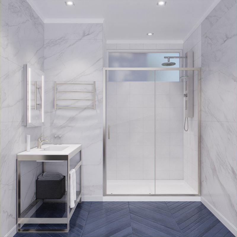 Porte de douche coulissante simple encadrée Halberd Series l 48 po x H 72 po, Nickel brossé