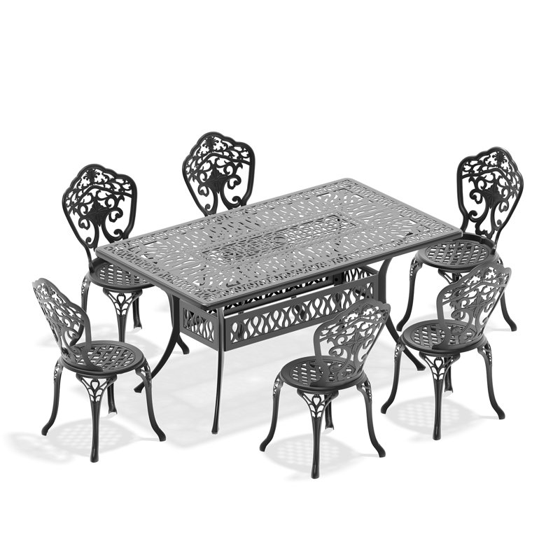 Collection de salle à manger 7 pièces en aluminium coulé, noir, 350 lb par siège, intempéries, 6 chaises, structure noire, capacité de 6