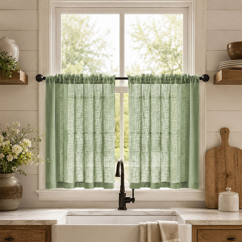 Heavy Textured Faux Linen Tier Curtains Semi Sheer Light Filtering Small Window Kitchen Curtains Short Cafe Curtains Drapes with Dual Rod Pocket Sage Green 25x36inch