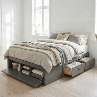 Queen Size Platform Bed Frame With 4 Storage Drawers; Slat Kit And Hydraulic Lift Footboard Storage, No Headboard, Modern Space-Saving Design