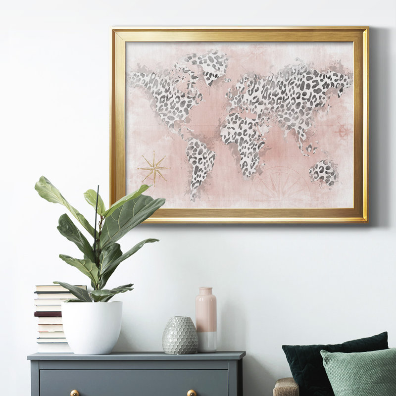 " Pink Cheetah Map ", Gold, 18.5" H x 24.5" W x 1" D