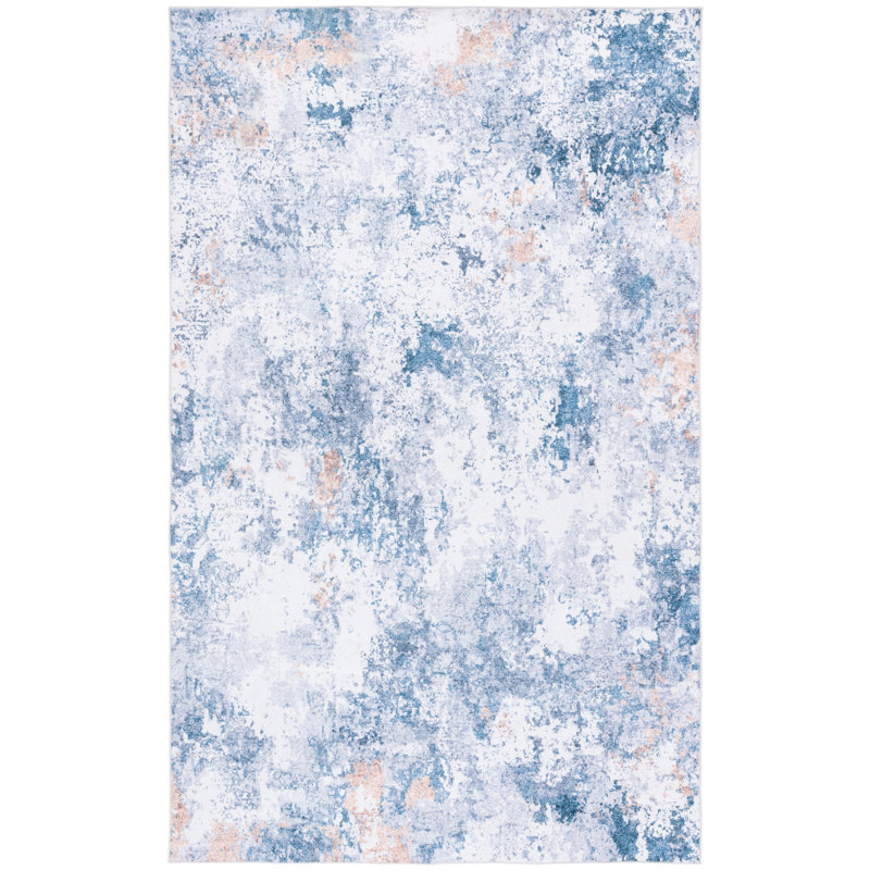 Tapis bleu / ivoire en polyester tissé à la machine Sumentra, Rectangle 6 pi x 9 pi