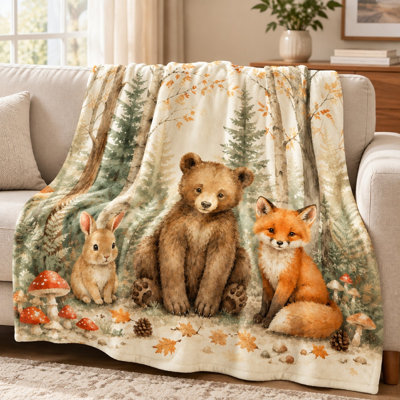 1Pièce de flanelle à motif adorable amis de la forêt - mignonne conception d'ours, de lapin et de renard; lavable à la machine à une seule couche Literie et articles de canapé