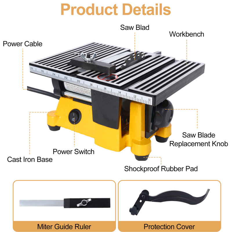 4" 90W Mini Table Saw 3 Blades Precision Cut Metal Wood Moulding