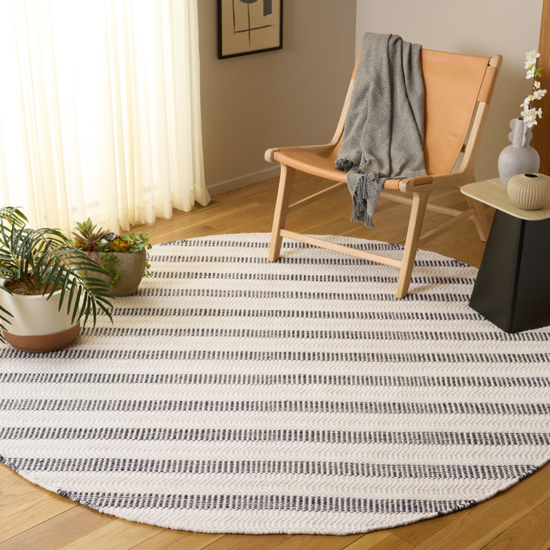 Oquendo Striped Handmade Tufted Cotton/Wool Black/Ivory Area Rug, Round 7'