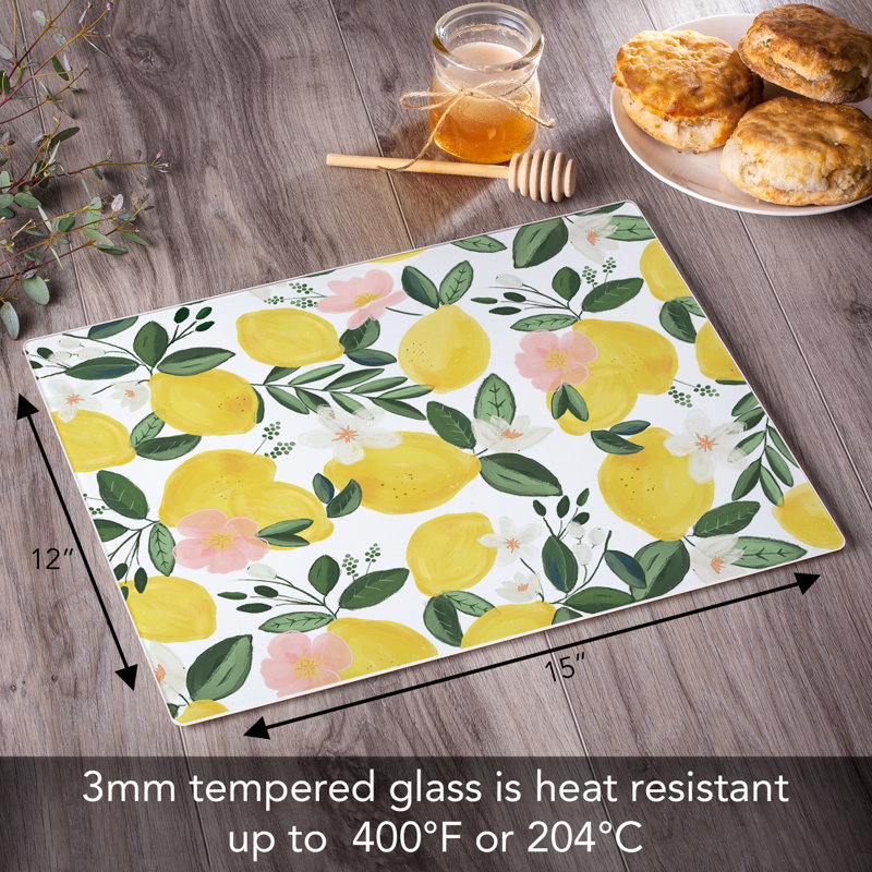 Lemon Vine Rectangular Tempered Glass Cutting Board 15" x 12"