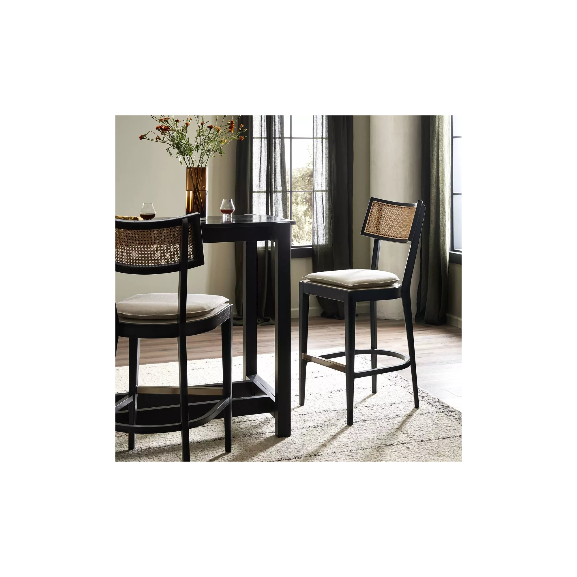 Britt Cane Stool, Cream, Counter Stool (26" Seat Height), Black