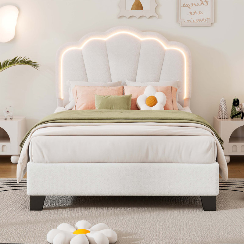 Lit tapissier en forme de fleur, tête de lit à fleurs élégante avec bande lumineuse à DEL, lit plateforme en tissu sherpa avec support à lattes en bois (lit)