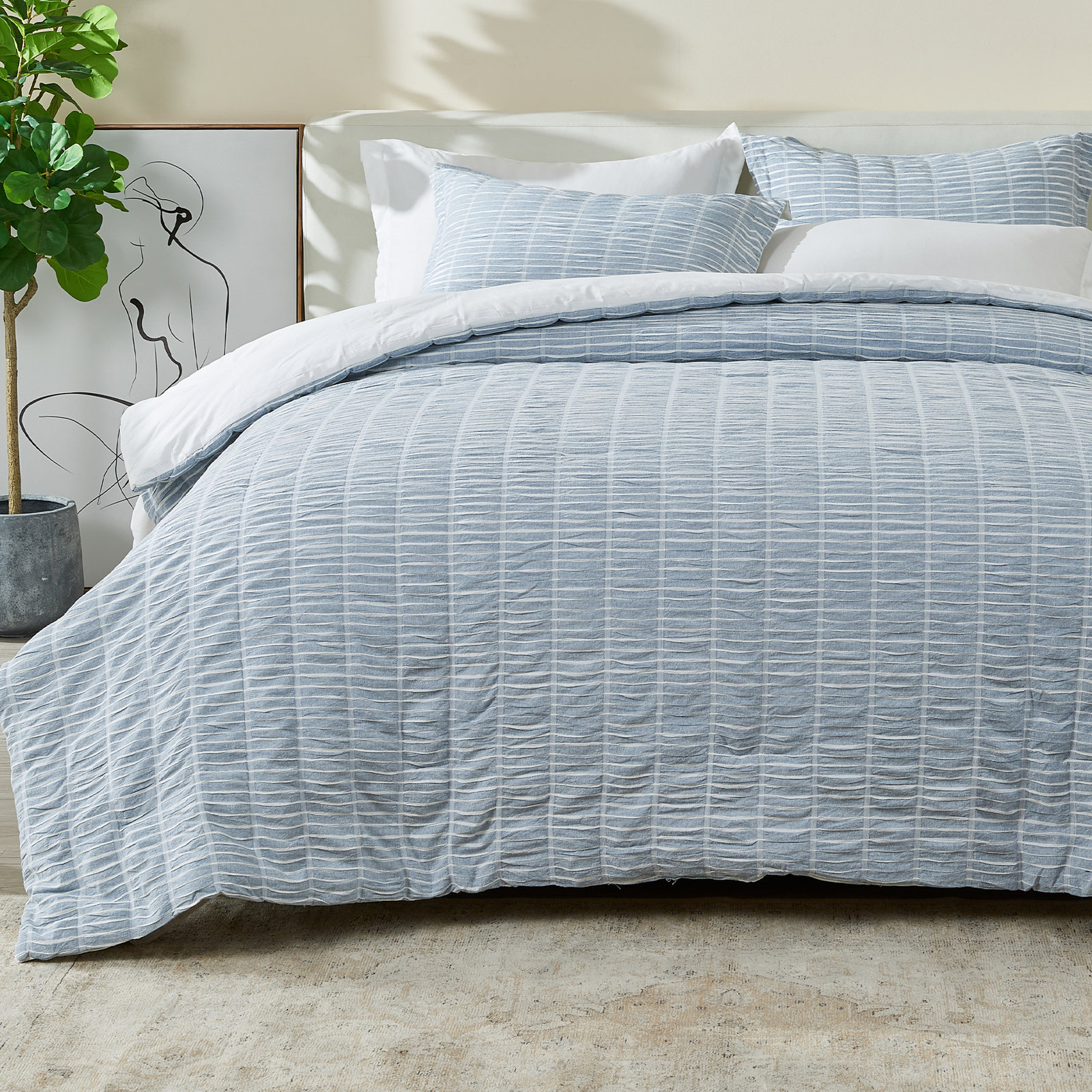 100% Cotton Puckered 3 Pc Reversible Comforter Set with Shams, Full / Queen, Vintage Indigo