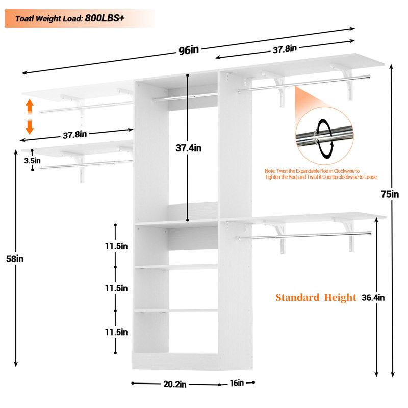  20"-96'' W Closet System Starter Kit, White