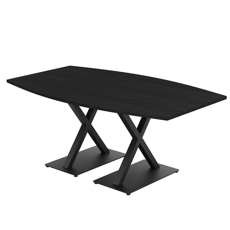Table de conférence en forme de bateau avec base en X en métal, L 84 po x l 48 po, Cyprès noir, Noir mat