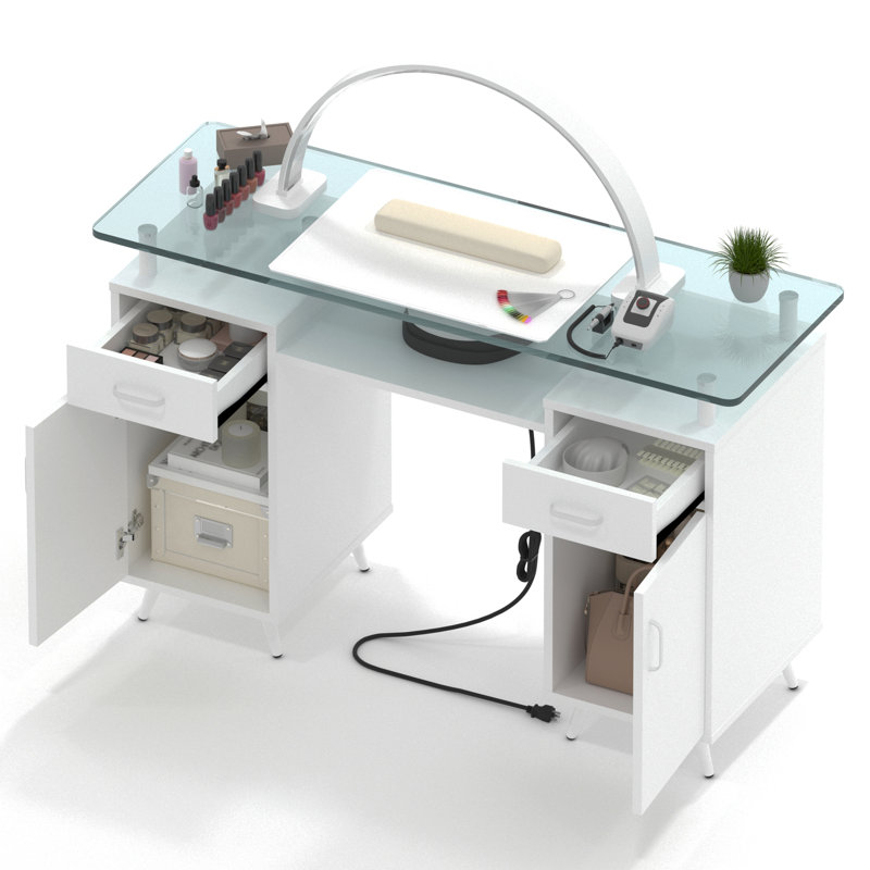 Table de manucure blanche moderne, bureau à clous avec plateau en verre, armoires de rangement, tiroirs et prises de courant pour la maison ou le studio