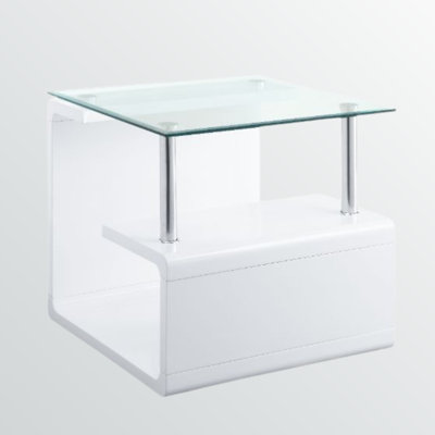 Elegant Oleander White High Gloss End Table – Clear 8mm Glass Top with Functional Open Shelf for Living Rooms