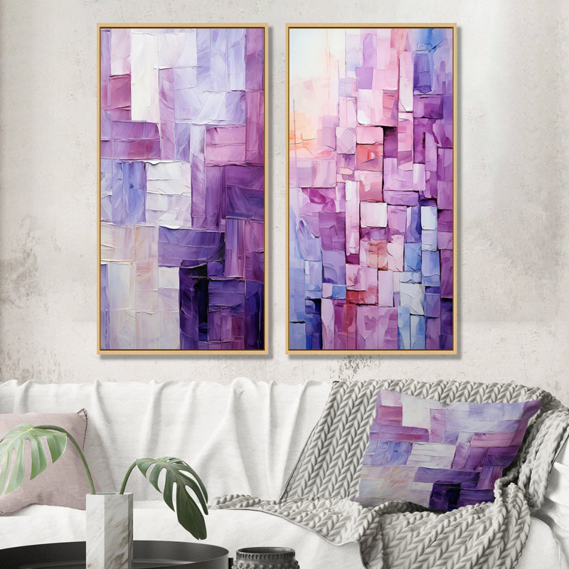 Lilas treillis formes abstraites - ensemble de 2 reproductions d'art sur toile, Encadrement brun, H 28 po x l 25 po