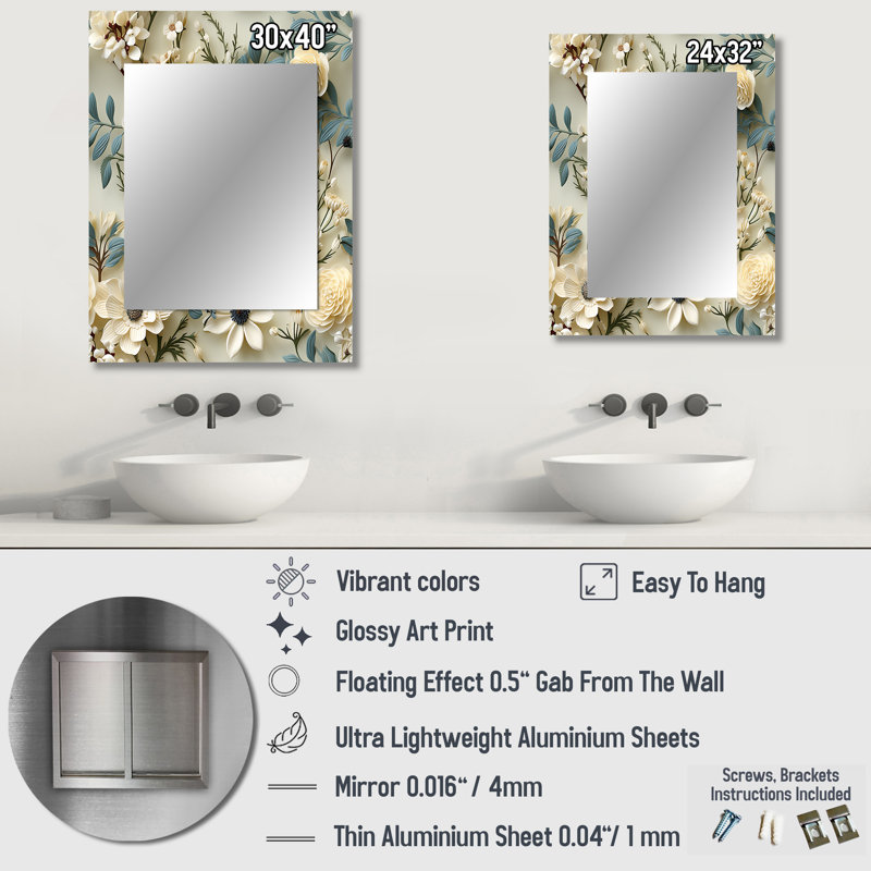 Mertz Radiant Lace Inspired Floral Botanics - grand miroir floral, miroir mural décoratif de campagne, art en métal
