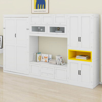 Lit escamotable simple en bois avec meuble télé, 2 tiroirs, tablettes intégrées et armoires