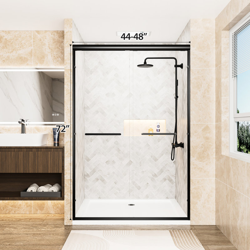 Matte Black Aluminum Frame48" X 72"Double Sliding Shower Doorclear Tempered Glassanti-Rustwaterproofreversible Setupbathroom 48" W 72" H Double Door Of Aluminum, 1/4"  6Mm  Clear Glass With Shatter