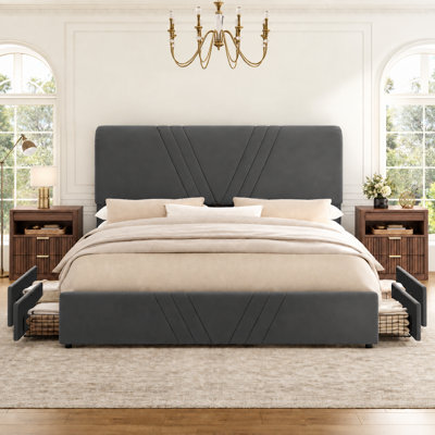 Ensemble de chambre à coucher 3 pièces, lit rembourré avec 4 tiroirs et 2 tables de chevet