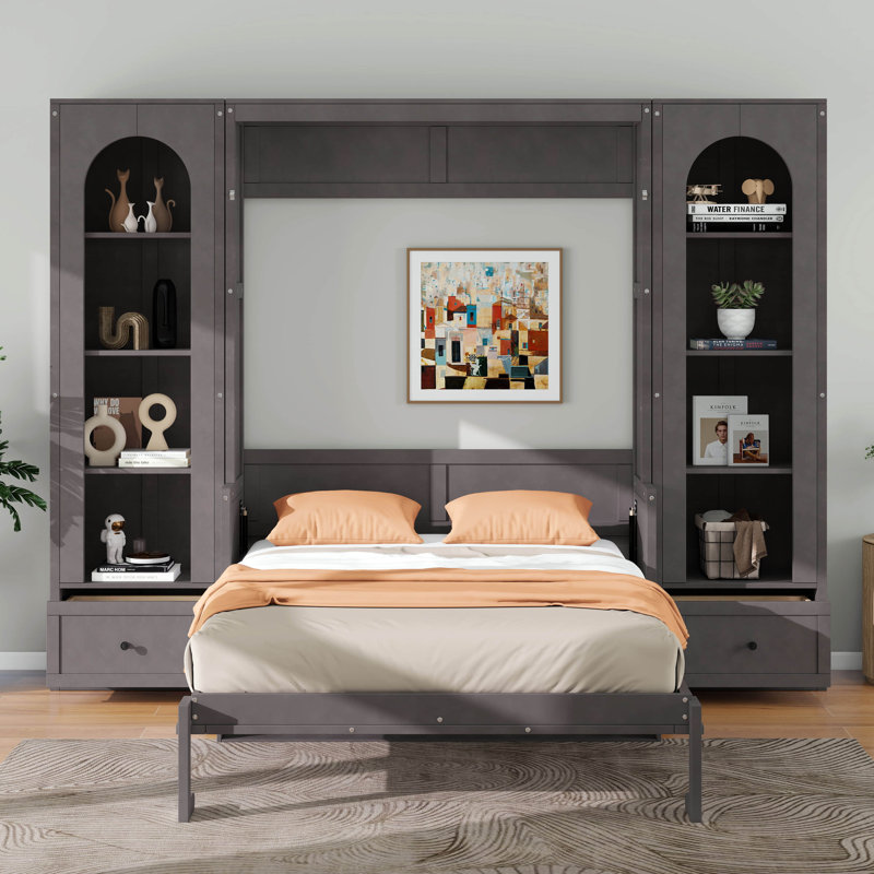 Grand lit plateforme escamotable avec tablette, armoires latérales, tiroirs et DEL, cadre de lit mural pliant pour chambre d'amis, appartement