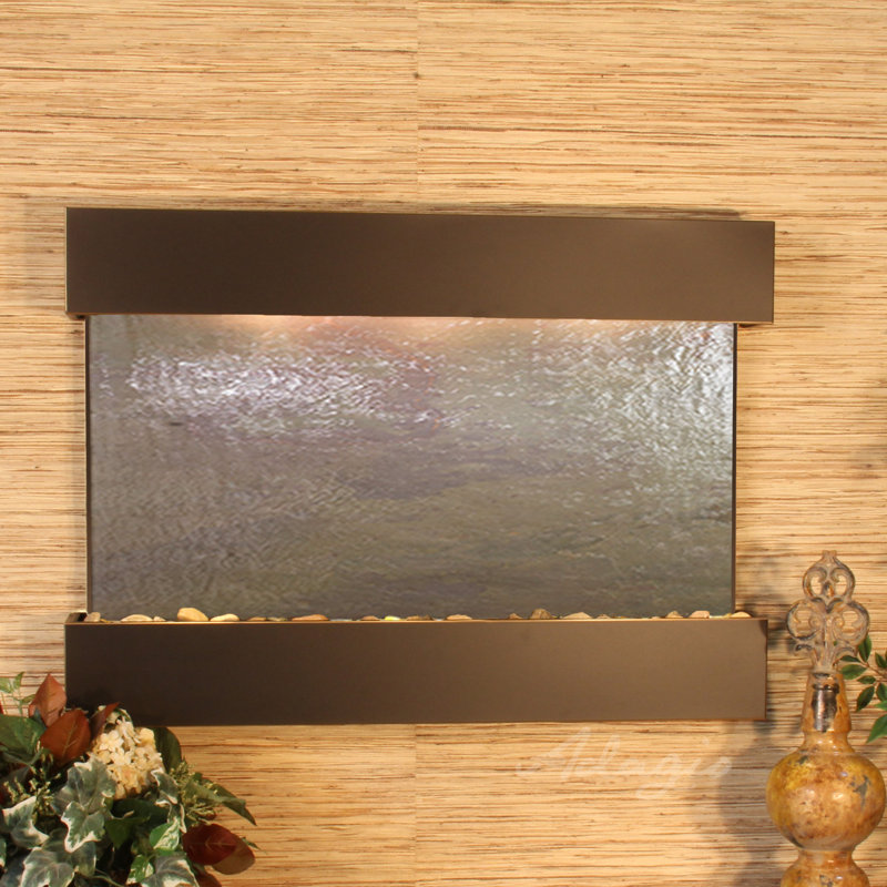 Reflection Creek Henline Fountain with Light, Blackened Copper, Multi-Color Feather, Slate