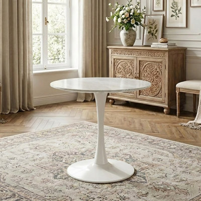 Modern Marble-Texture Round Table, Pedestal Base Coffee Table and Dining Table for 2–4 People, Suitable for Living Rooms, Apartments, and Cafés
