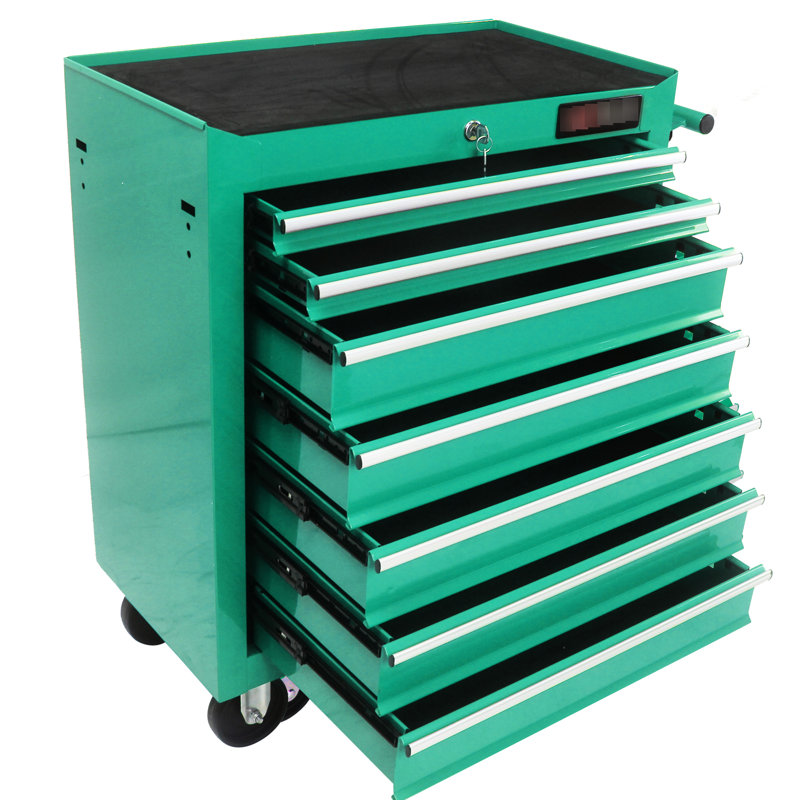 Chariot à outils mobile à 7 tiroirs avec roues - verrouillable, capacité de glissement de roulement de 15 kg, acier laminé à froid, thermolaqué, roues de chariot verrouillables à 2 freins de 4 po, glissière de capacité, fonction en acier transparent,