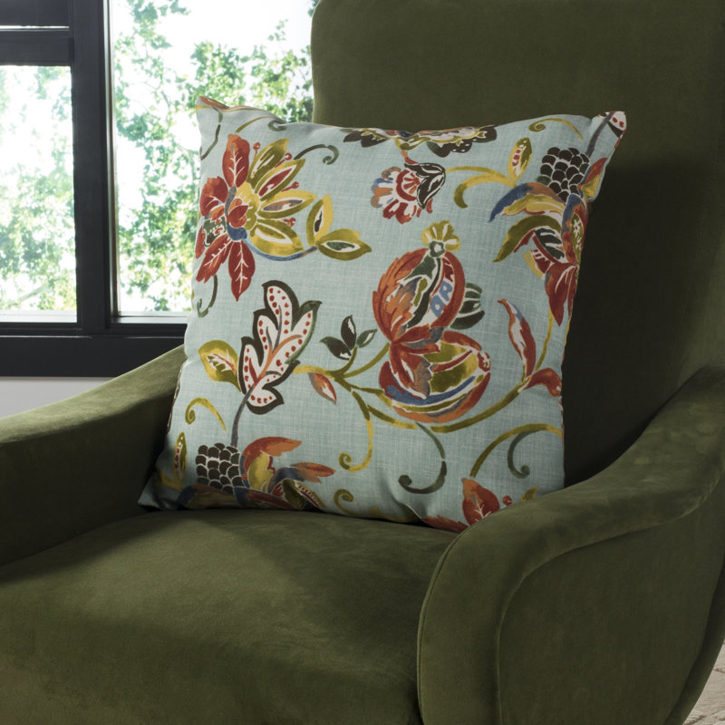 Gia 21" Square Red and Green Jacobean Floral Pillow