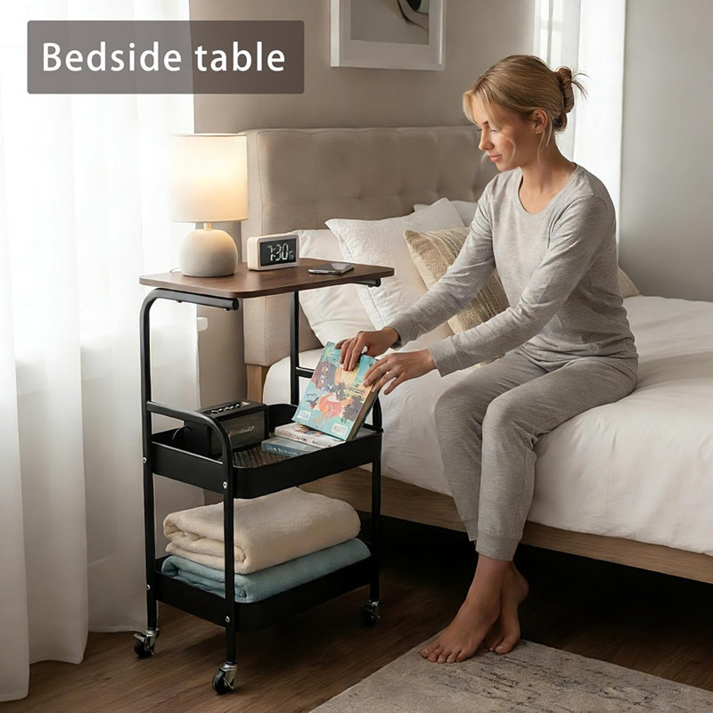 Chariot de roulage à 3 niveaux et table d'appoint avec plateau en noyer, chariot de rangement en métal sur roulettes pour la chambre à coucher, la cuisine, le bureau, la salle de bain et la salle de bricolage