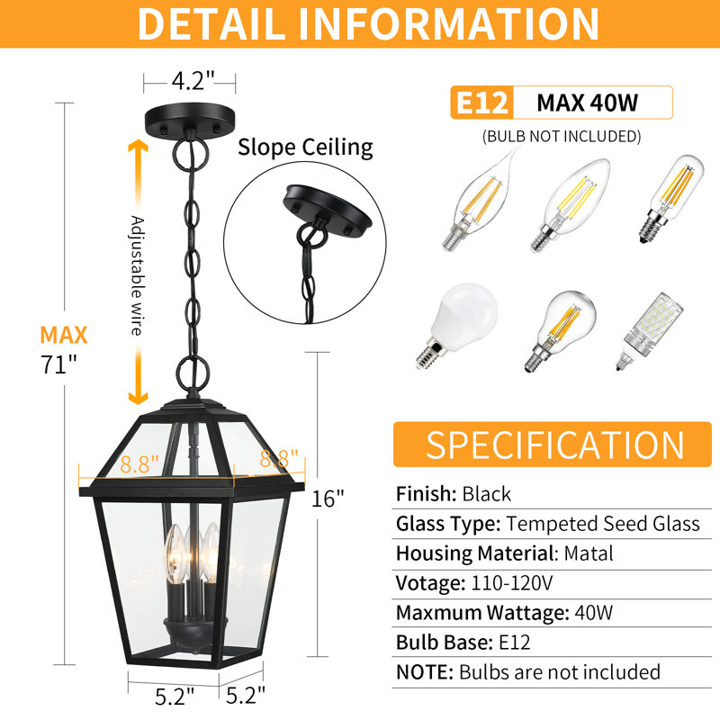 Large Outdoor Pendant Light For Porch 3-Light, 16'' Waterproof Exterior Hanging Lighting Outdoor Chandelier For Porch Gazebo With Adjustable Chain Tempered Glass,1Pack, Bulb Not Included