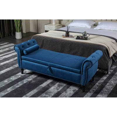 Aijia 63"" Velvet Multifunctional Storage Bench Rectangular Sofa Stool Buttons Tufted Nailhead Trimmed Ottoman Solid Wood Legs with 1 Pillow,Blue -  Wildon Home®, 44DF8E7D9C2E4BFB814BE4DB01F6EE43