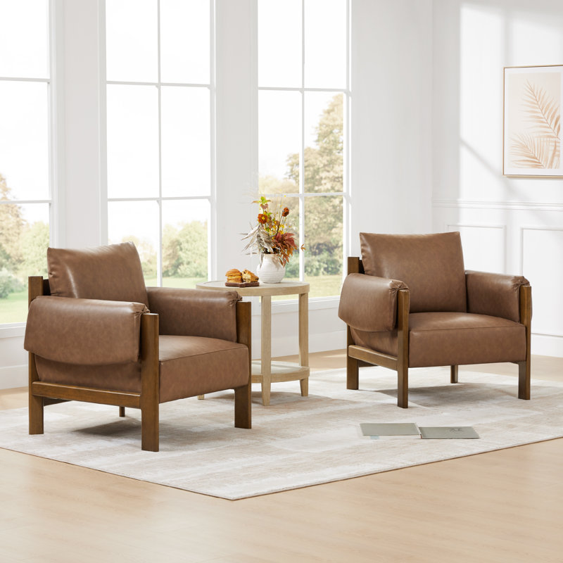 Melksham 33.26'' W Upholstered Accent Chair, Saddle Brown Faux Leather, Walnut