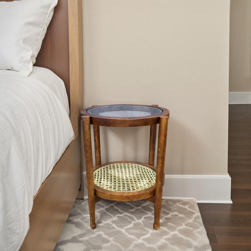 Elegant Brown 21" Round 24" Tall Accent Table with Glass Top and Handwoven Cane Shelf