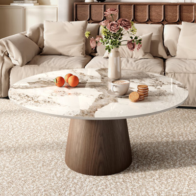 Brayden Mid-Century Modern Round Stone Coffee Table Marble Effect Dark Walnut Tone Solid Wood Pedestal Table