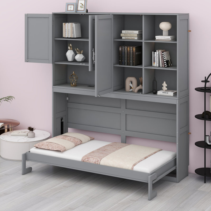 Lit escamotable avec armoire supérieure, tablettes, lit pliable peu encombrant avec éclairage et port USB, Gris