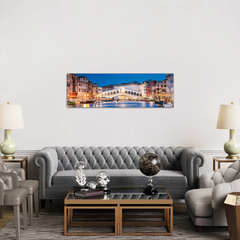Rialto Bridge at Night, Venice 1 Piece Panoramic Wall Art on Canvas, 30.48 cm H x 91.44 cm W x 3.175 cm D