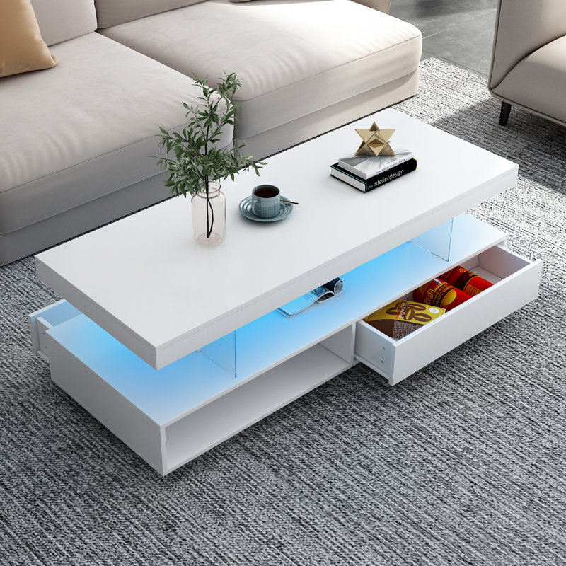 Table basse de salon à DEL avec rangement: blanc. 16 couleurs, luminosité variable. Tiroirs spacieux et tablettes de présentation. Haute brillance. Étagères ouvertes simples à assemblage simple: blanc, 2 tiroirs, lumières, 6