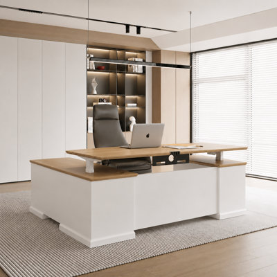 71" Contemporary L-Shaped Electric Standing Desk with Power Outlets, Cable Management & File Storage