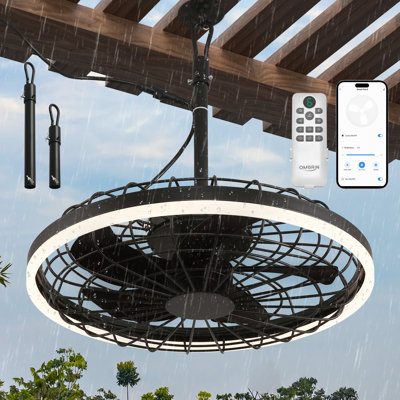  20" Gazebo Fan With Light Waterproof Ceiling Fan,5 Blade,Dimmable Color,3CCT,Alexa/Google,Black Plug In Caged Outdoor Fan for Patio Backyard Family Reunions Parties
