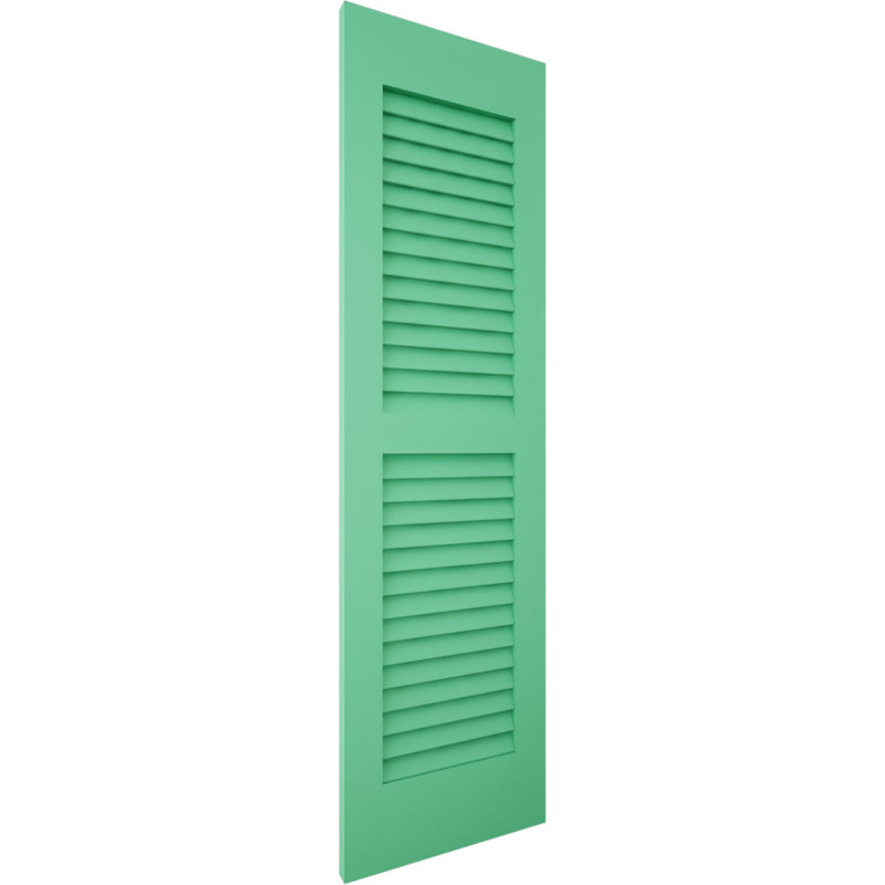 Volets extérieurs Americraft à deux persiennes égales en bois véritable (par paire), 18 po L x 84 po H, avec capuchons de volets en aluminium et nénuphars.