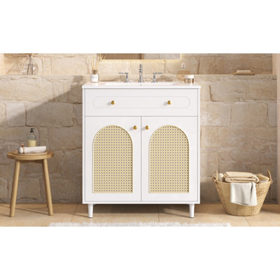 30" Bathroom Vanity with Ceramic Sink, Solid Wood Frame Bathroom Sink Cabinet with Adjustable Shelf, Tip-Out Drawer, Rattan Front Panels