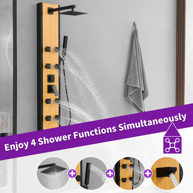 57'' Black and Bamboo Shower Panel System with Body Jets
