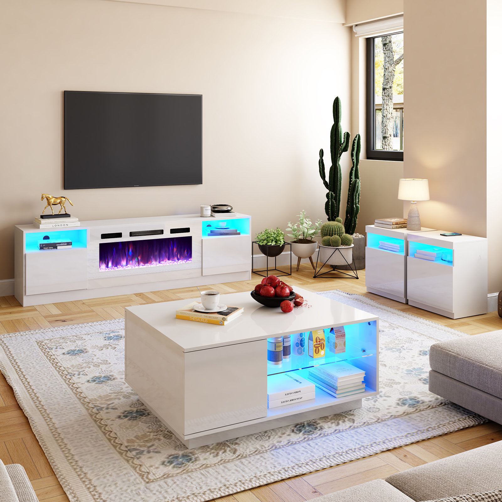 Bhhatu 4 Piece High Gloss Living Room Table Set Included TV Stand Coffee Table 2 End Tables Wade Logan Color White