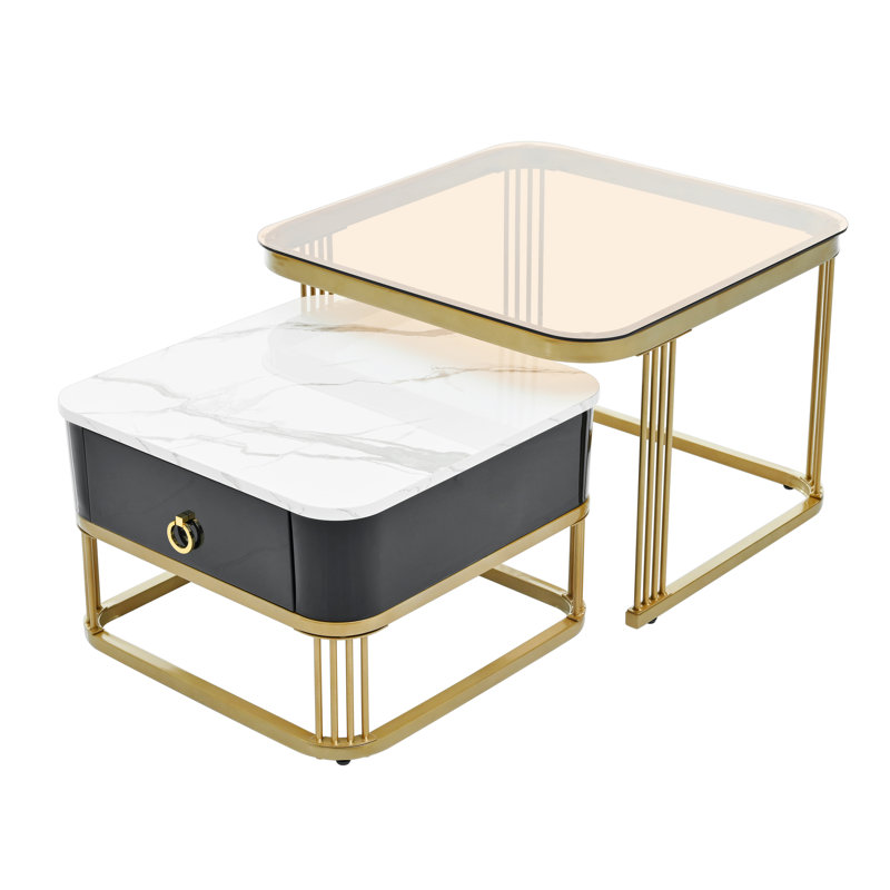 Ensemble de 2 tables basses et tables d'appoint gigognes à grain de marbre ultrabrillant, Black