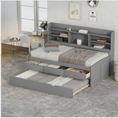 Twin Size Wooden Captain Bed with Built-in Bookshelves,Three Storage Drawers and Trundle,Light Grey