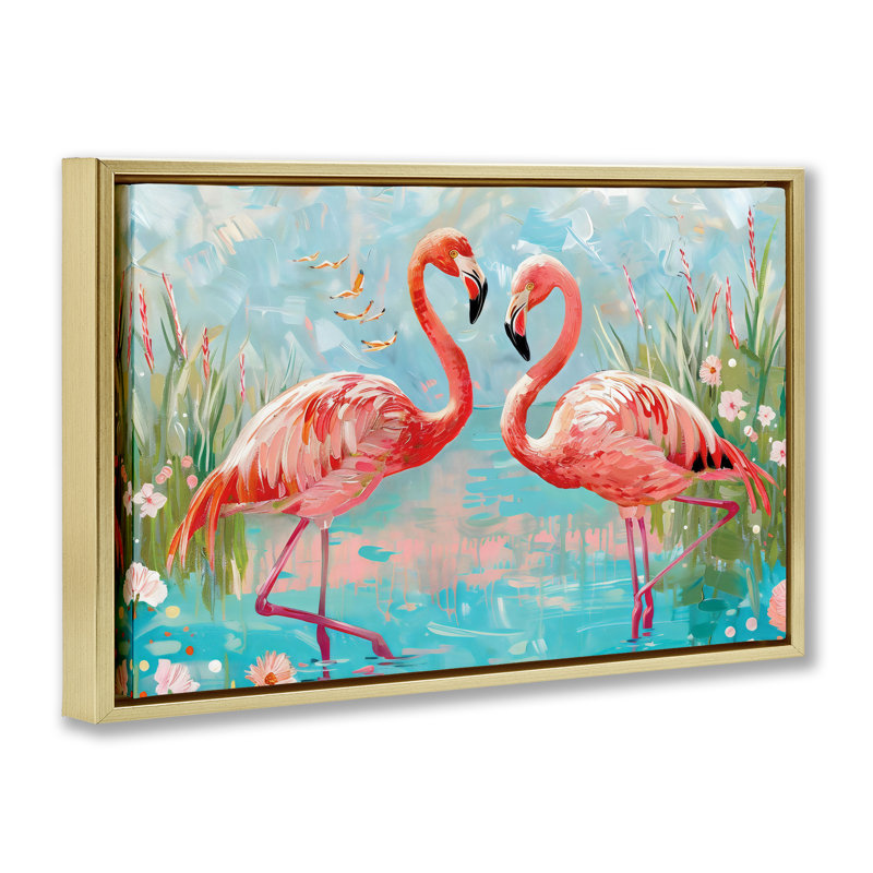 Cadre flottant Modern Flamingo Love, design par LSR Design Studio, H 17 po x l 25 po, Cadre flottant métallique doré